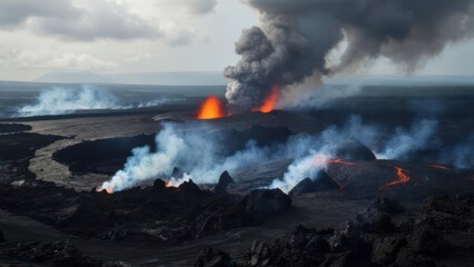 Volcanic eruption with smoke and lava flows