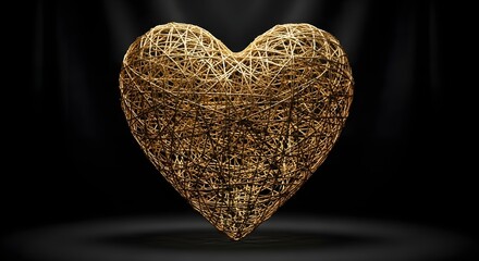 Golden heart sculpture against black backdrop symbolizing love and affection