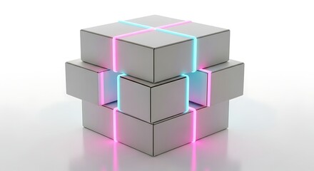 Fototapeta premium Modular white cubes with glowing lights on a clean white reflective surface representing abstract te