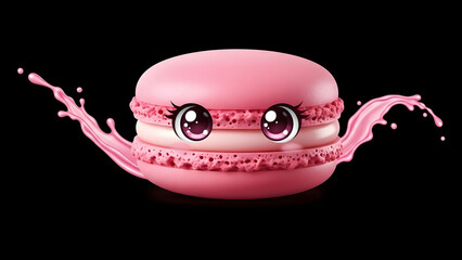 Playful Pink Macaron with Anime Eyes and Liquid Splash