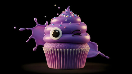 Adorable Purple Cupcake with Big Eye and Sprinkles on Black
