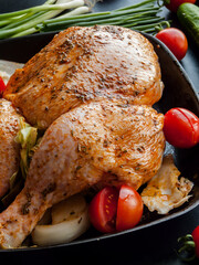 Whole uncooked chicken marinated with sauce and herbs added witWhole chicken marinated with herbs and spices in soy sauce in pan with red cherry tomatoes, cabbage andh cherry tomatoes and leek in pan.