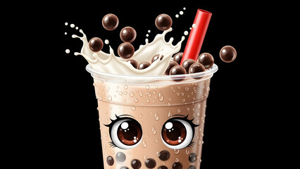 Cute Bubble Tea with Big Anime Eyes and Tapioca Splash