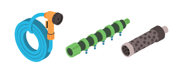 Illustration of garden hose, drip irrigation system, and soaker hose on white background