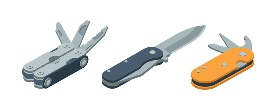 Diverse multitools and pocket knife collection on white background