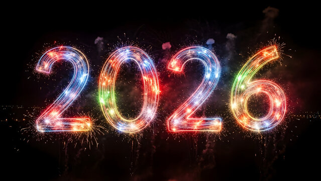 Sparkling 2026 new year celebration with fireworks on black background