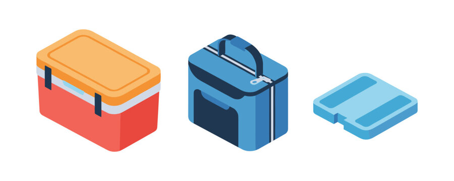 Isometric view of portable coolers and lunch box