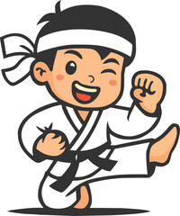 Cartoon martial arts kid kicking, white gi, black belt, headband, energetic pose clipart