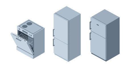 Isometric view of kitchen appliances: oven, dishwasher, and refrigerator