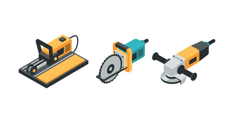 Fototapeta premium Isometric power tools set: tile cutter, circular saw, and angle grinder
