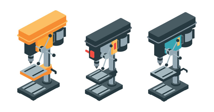 Set of three isometric drill presses illustrating variations in design and color
