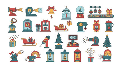 Fototapeta premium Christmas Icons Collection: A vibrant collection of Christmas-themed icons, depicting festive objects such as bells, ornaments, gift boxes, and festive lanterns.