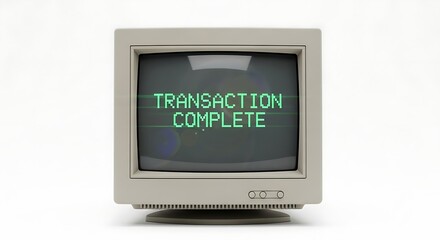 Vintage CRT monitor on a white background displaying a transaction complete message