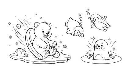 Arctic Adventure: A playful bear slides down an iceberg, penguins swim joyfully in the water, and a seal pops up in a snowy landscape.