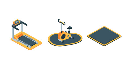 Isometric gym equipment: treadmill, exercise bike, fitness mat