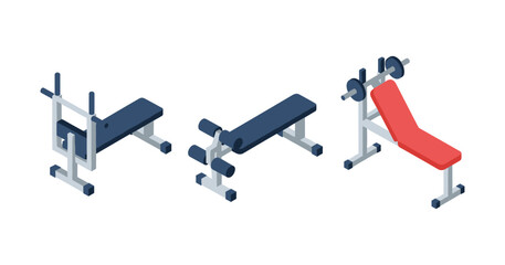 Isometric gym equipment set with benches and weight rack