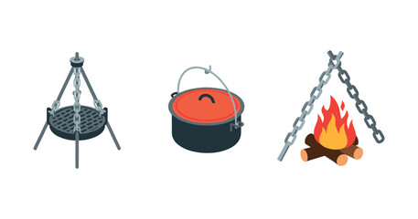 Camping equipment: tripod grill, dutch oven, and campfire essentials