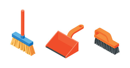 Colorful cleaning tools set: broom, dustpan, scrub brush on white background
