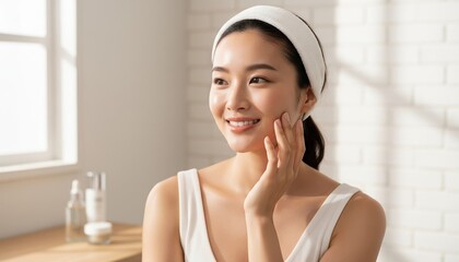 Happy Woman With Skincare Routine In Bright Bathroom Wearing White Headband