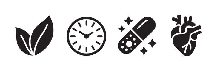 Black vector icons depicting leaves clock pill and heart in a row on a white background isolated