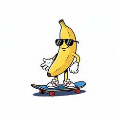 Fototapeta premium A cool, cartoon banana wearing sunglasses, white gloves, and sneakers is riding a skateboard against a white background.