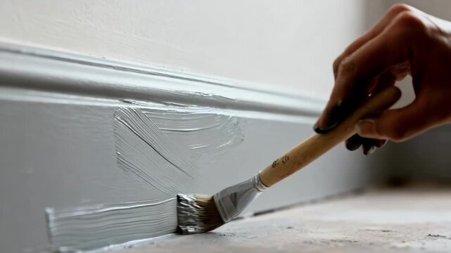 Medium shot capturing a matte finish baseboard being carefully detailed with a small brush emphasizing a smooth nonreflective surface texture.