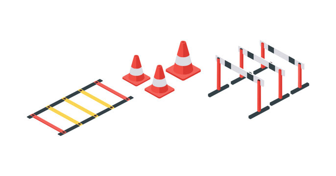 Isometric training equipment: ladder, traffic cones, hurdles for fitness and agility