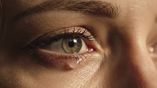 Close-up of a sorrowful human eye, a single tear gently falling down the cheek