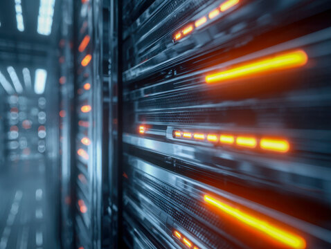 Futuristic data center with glowing orange lights on server racks showcasing high-tech digital storage and advanced computing infrastructure in a modern facility