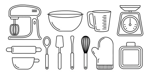 Illustration of kitchen tools including mixer bowl scale and baking equipment