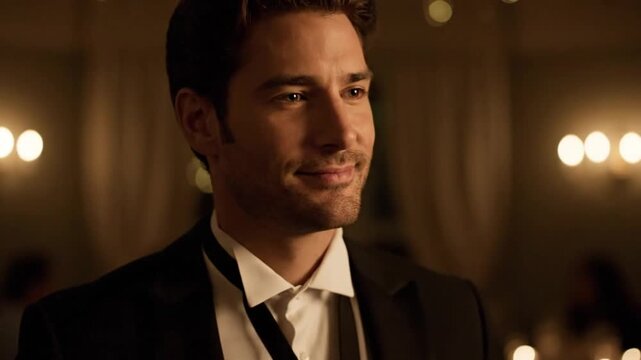 Handsome man adjusting his bow tie, dressed elegantly for a formal evening event