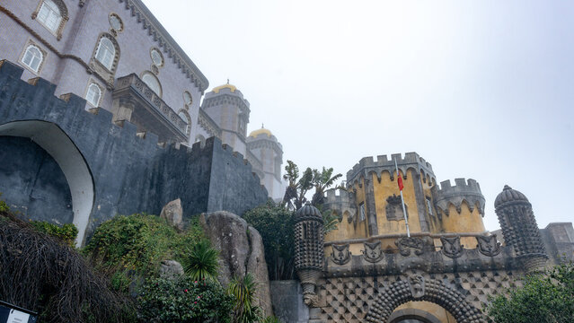 Misty view of Pena Palace architectural beauty