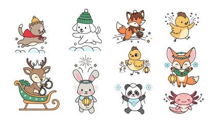 Holiday Animal Characters: A charming collection of festive animal characters, perfect for holiday-themed design projects. This whimsical illustration exudes a joyful holiday ambiance