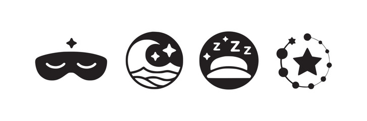 A set of four black and white icons depicting sleep, night, dreams, and celestial elements in circles