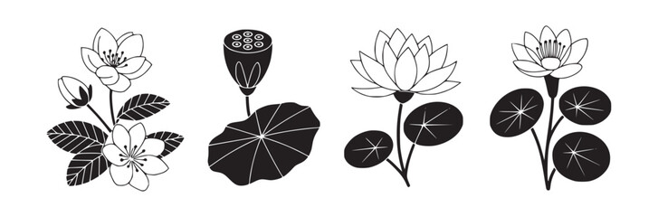 Four floral arrangements in black and white featuring various flowers and lotus pods with leaves design