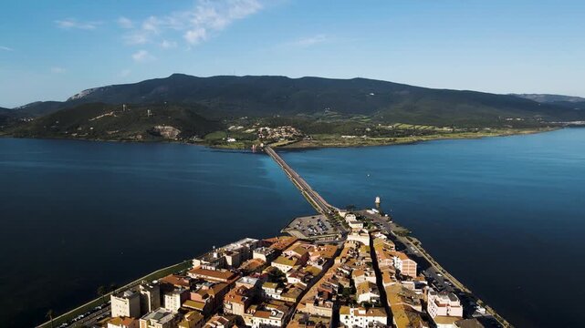 Aerial view of Orbetello and bridge, Italy.