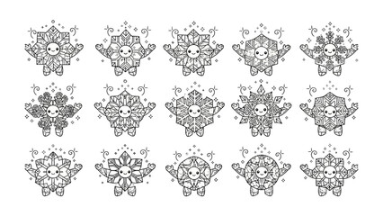 Obraz premium Snowflake Charms Array: An intricately crafted array of delicate snowflake characters, each radiating its unique charm and design, arranged in a visually pleasing pattern. 