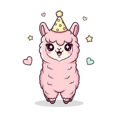 Naklejka premium Adorable pink llama celebrating with a party hat and festive decorations for children's birthdays or whimsical designs, spreading joy and charm