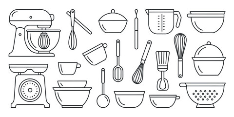 A collection of kitchen tools and utensils in a line drawing style illustration