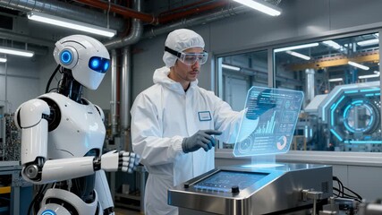 Factory engineer in a clean suit programs equipment using a holographic interface alongside a humanoid robot. Human-AI collaboration in advanced manufacturing. Panning and tilting shot. - Powered by Adobe