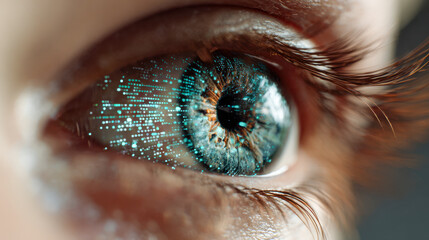 Human eye with digital data visualization overlay symbolizing futuristic technology integration and advanced biometric scanning for secure identification systems