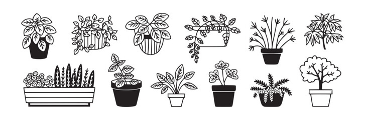 Collection of various potted plants and flowers in a black and white line drawing style illustration