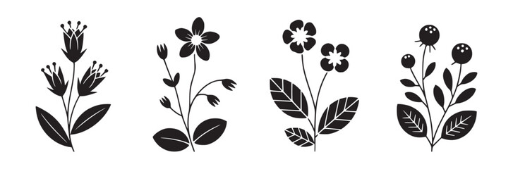Four black and white floral arrangements with different flower and leaf shapes on a white background