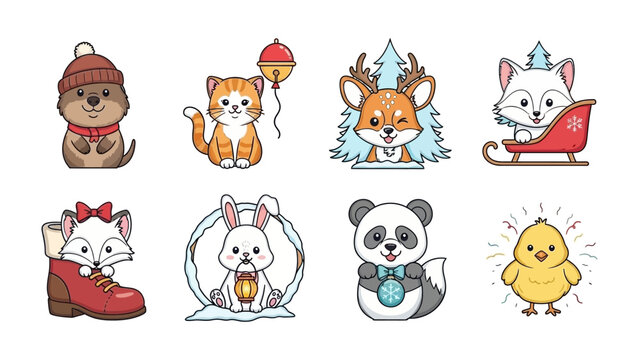 Whimsical Winter Wildlife: A delightful assortment of charming, illustrated animals adorned with winter-themed elements. These delightful designs capture the joy and enchantment of the season