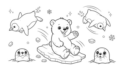 Polar Friends: An adorable polar bear joyfully rides on an ice floe amidst playful penguins and friendly seals, creating a scene of Arctic camaraderie.