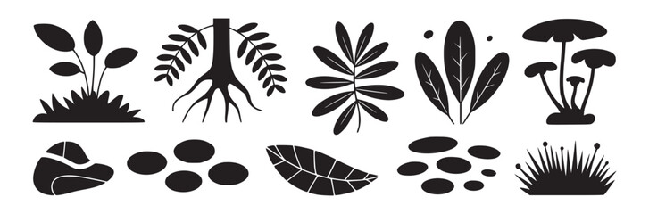 Black and white vector illustration of various plants mushrooms and rock formations on a white background