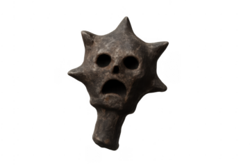 Ancient mace weapon displaying a screaming face with spikes