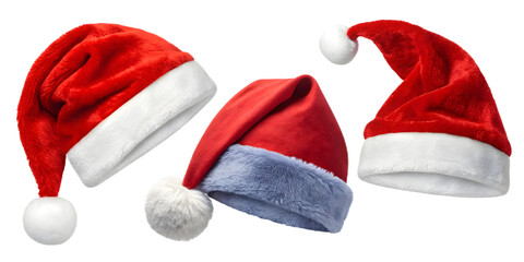 Collage with Santa Claus hats set, closeup objects. Isolated on transparent background. Christmas and New Year celebration style 