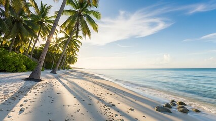 Fototapeta premium Idyllic tropical beach with palm trees and calm ocean under a blue sky image photo