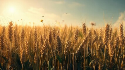 Naklejka premium Wheat field at sunset with birds flying